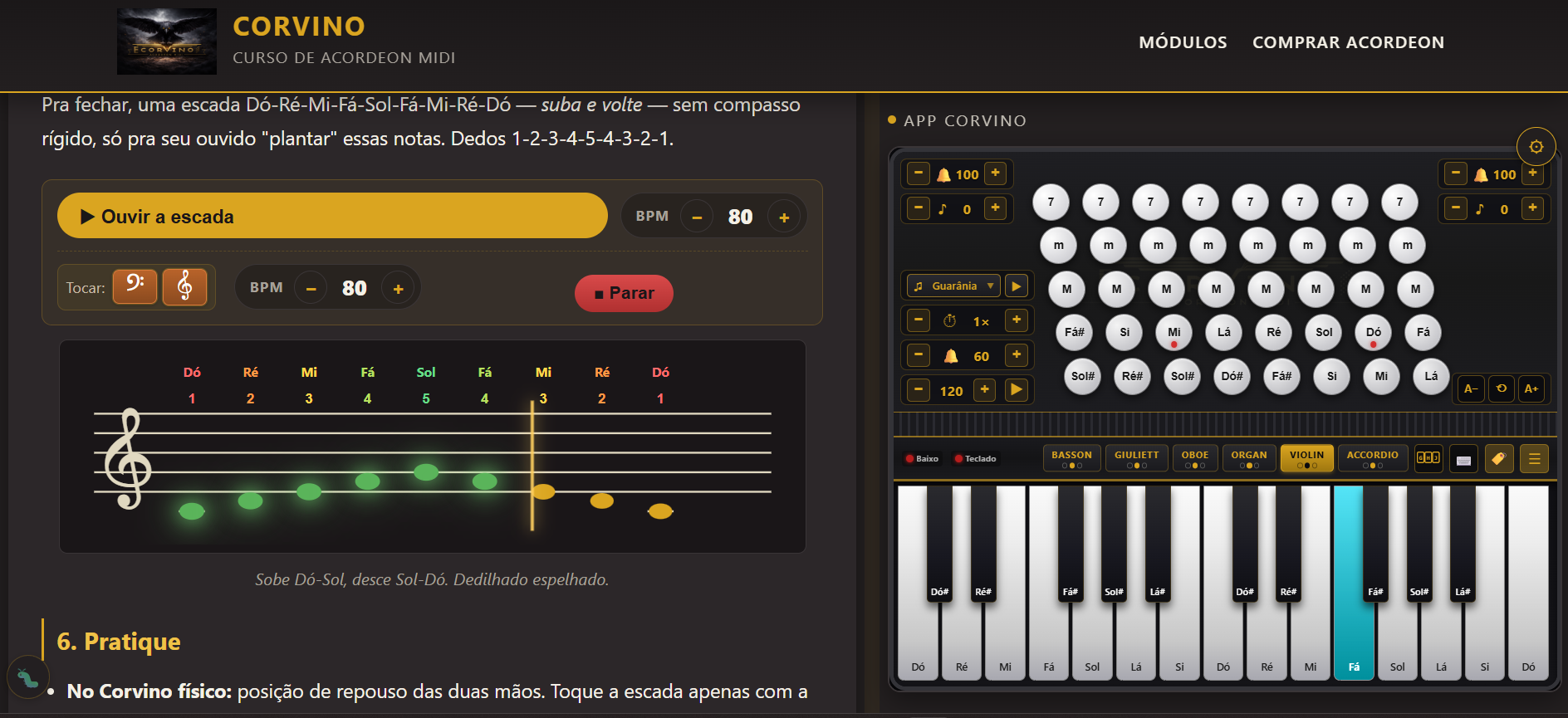 Partitura colorida com dedilhado e o app Corvino